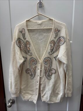 Vintage OTTO Cream Embellished V-Neck Cardigan with Pearl Buttons